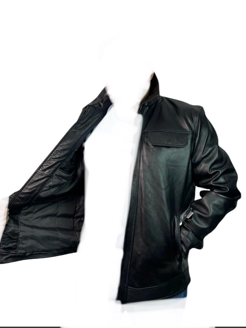 Perry Ellis Portfolio black leather jacket featuring a quilted interior lining - Picture 11 of 17
